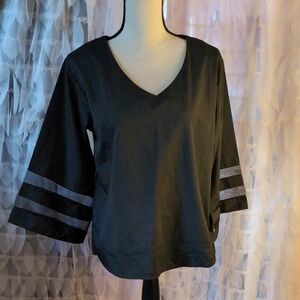 Black V-Neck Women's Top with Striped Sleeves